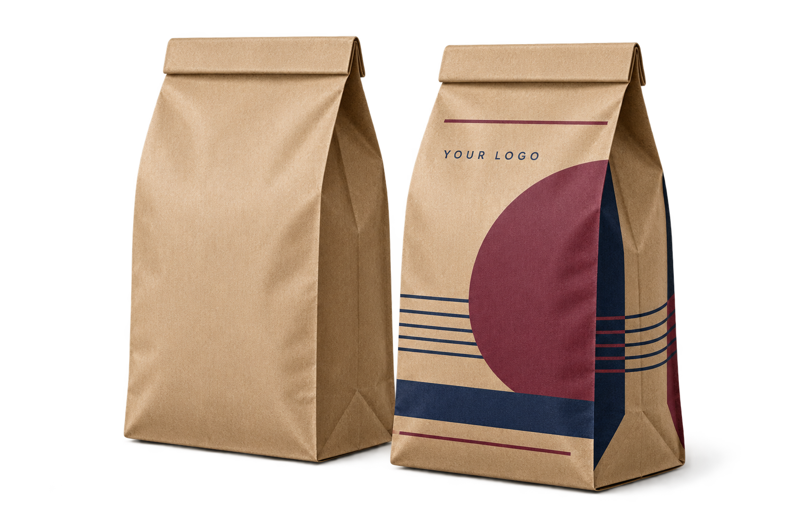 The same gusseted paper bag shown plain and with custom print